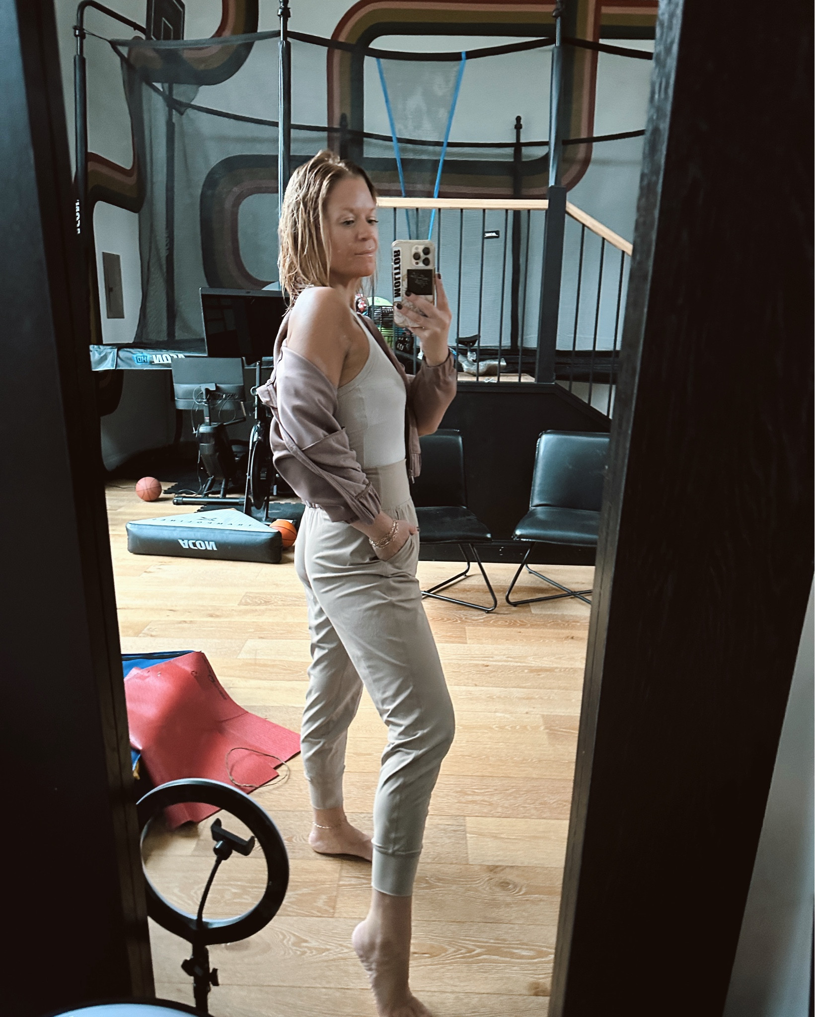 School drop off + work from home attire. New pants that feel like butter, super soft. My entire outfit is on mad sale. Tank I’ve been rocking for 2 years, building bra. And this jacket is everyone’s favorite. 

#LTKActive #LTKOver40 #LTKU