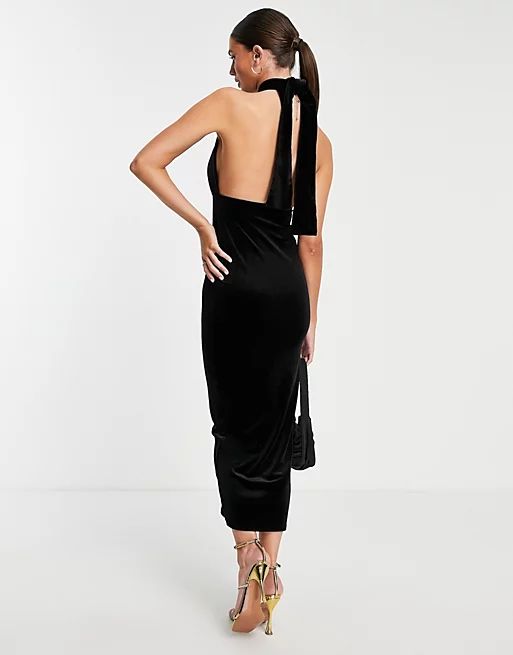 ASOS DESIGN Tall velvet halter cross front maxi dress in black | ASOS (Global)