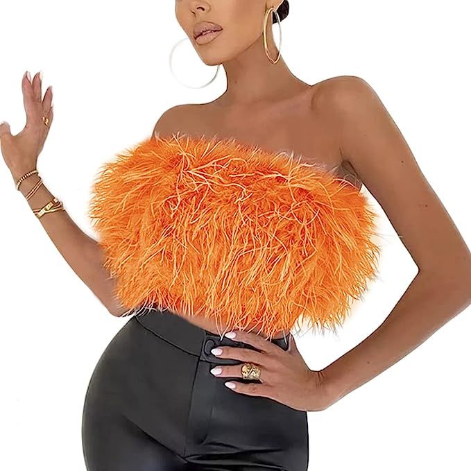 Women's Ostrich Feather Top Bandeau Tube Top Fur Crop Top Strapless Boa Bra Real Fur Vest Tank To... | Amazon (US)