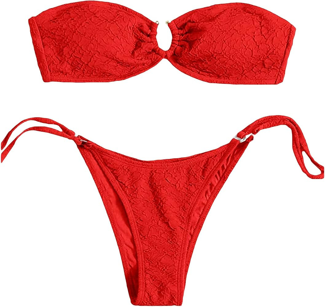 MakeMeChic Women's Bandeau Bikini Set Red Bikini Red Swimsuit Red Bathing Suit Amazon Swim 2024 | Amazon (US)