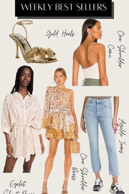 Weekly favorites: gold Steve Madden heels, one shoulder Cami NYC top, eyelet shirt dress, printed one shoulder dress and Agolde straight leg jeans. 

#LTKstyletip #LTKSeasonal #LTKshoecrush