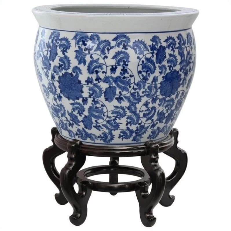 Oriental Furniture 14" Floral Blue & White Porcelain Fishbowl | Walmart (US)