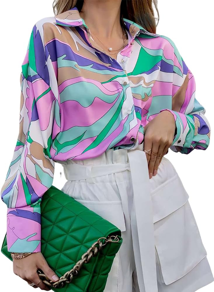 Women's Floral Print Lantern Long Sleeve Blouse Tops Casual Long Sleeve Button Down Collar Shirts... | Amazon (US)