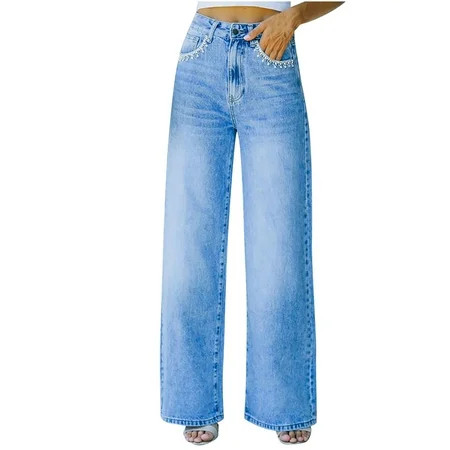 Jeans For Women Loose High Waist Washed Denim Wide-Leg Jeans Ladies Petal Pocket Temperament Straigh | Walmart (US)