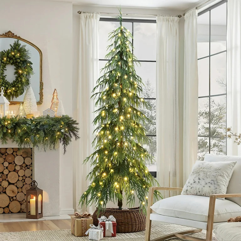 Árbol de Navidad de Cedro Artificial Delgado Preiluminado de 7,5 Pies con Soporte de Metal | Walmart (US)
