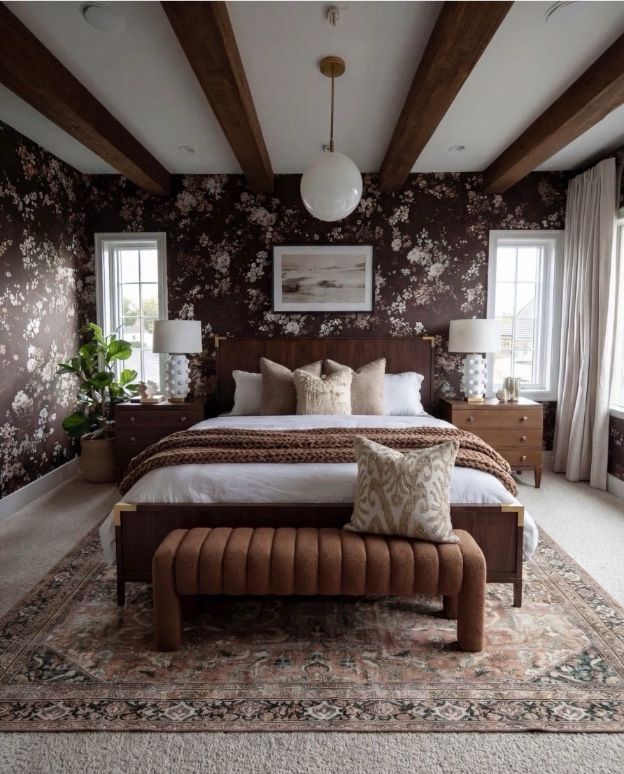 Shop the Look: Bedroom Refresh
Dark wood and brass bed
Sand and taupe throw pillows
Chunky cocoa brown knit throw
Caramel brown ribbed bench
Vintage-inspired terracotta and sage rug
Wood nightstands
Textured white lamps
Moody floral wallpaper
Globe pendant
Glass vase
Decor books


#LTKHome #LTKSaleAlert