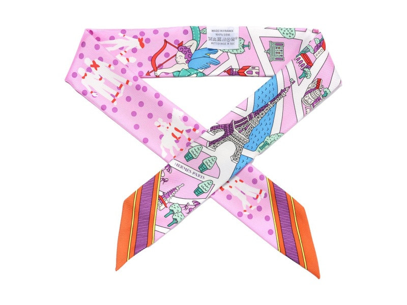 Hermes Silk Les Nouveaux Amoureux de Paris Twilly Rose Buvard White Scarf | JTV Jewelry