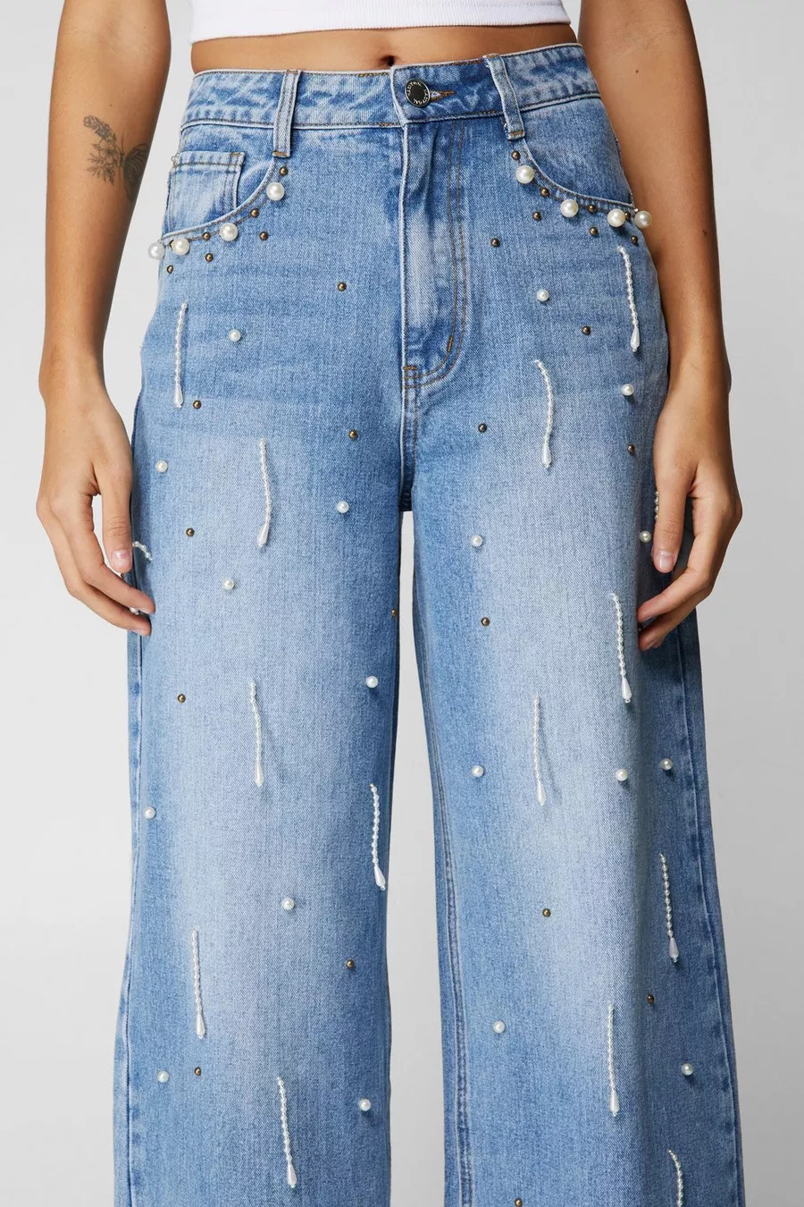 Premium Pearl Embellished Wide Leg Jeans | Nasty Gal US