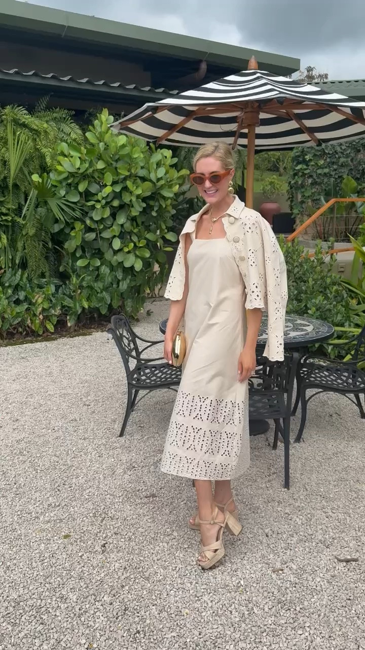 A soft neutral midi dress with eyelet details and relaxed layers—comfortable enough for walking the grounds.

#LTKootd #LTKdayinmylife