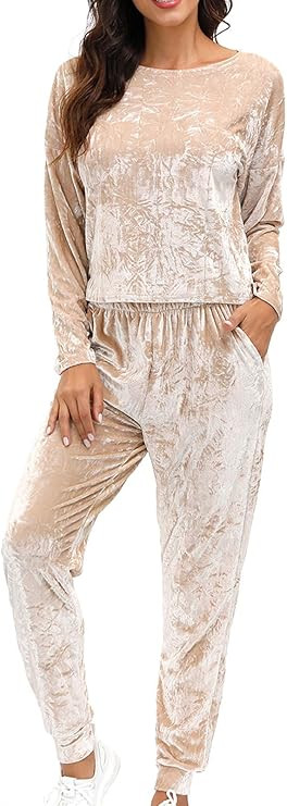 Velvet Lounge Set For Women - Wrinkle Solid Two Piece Loungewear Pajamas Tracksuit Sets | Amazon (US)
