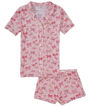 Big Girls Lynn Bow Print Short Sleeve Collared Button Front Top & Pajama Shorts Set | Dillard's