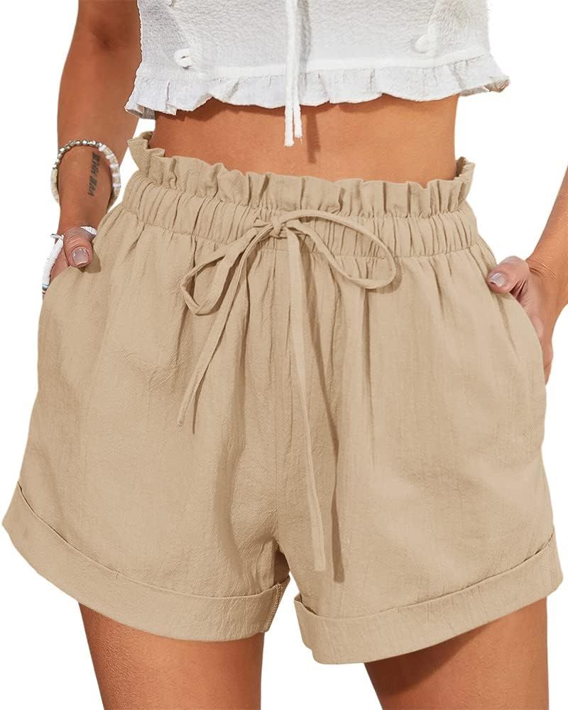 Womens Shorts Casual High Waist Drawstring Cotton Comfy Summer Paperbag Shorts with Pockets | Amazon (US)