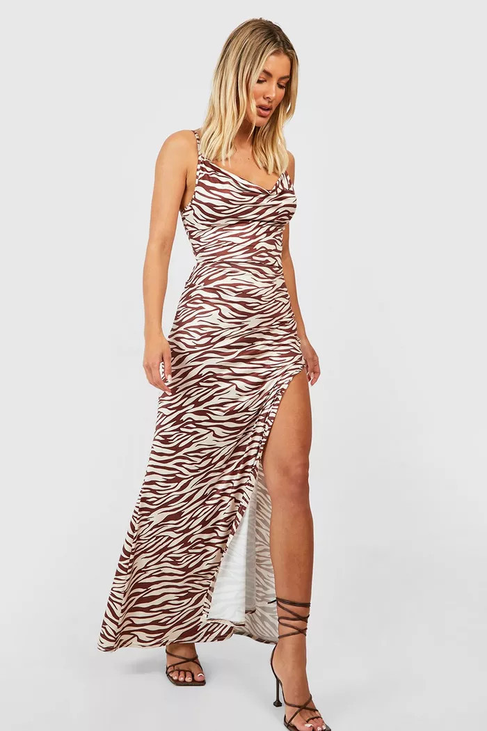 Zebra Slinky Strappy Cowl Maxi Dress | boohoo (US & Canada)
