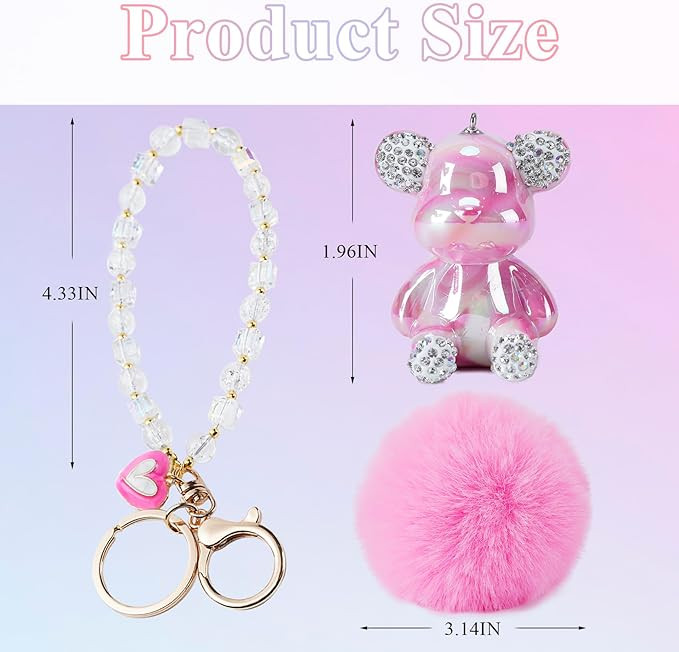 Bear Keychain, Cute Keychains for Women, Pink Car Accessories for Girly, Pink Pom Pom Keychain | Amazon (US)
