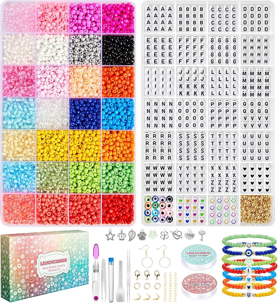 4mm Glass Seed Beads, 6600pcs 28 Colors Seed Beads for Bracelets, 1000pcs Letter Beads for Making... | Amazon (US)