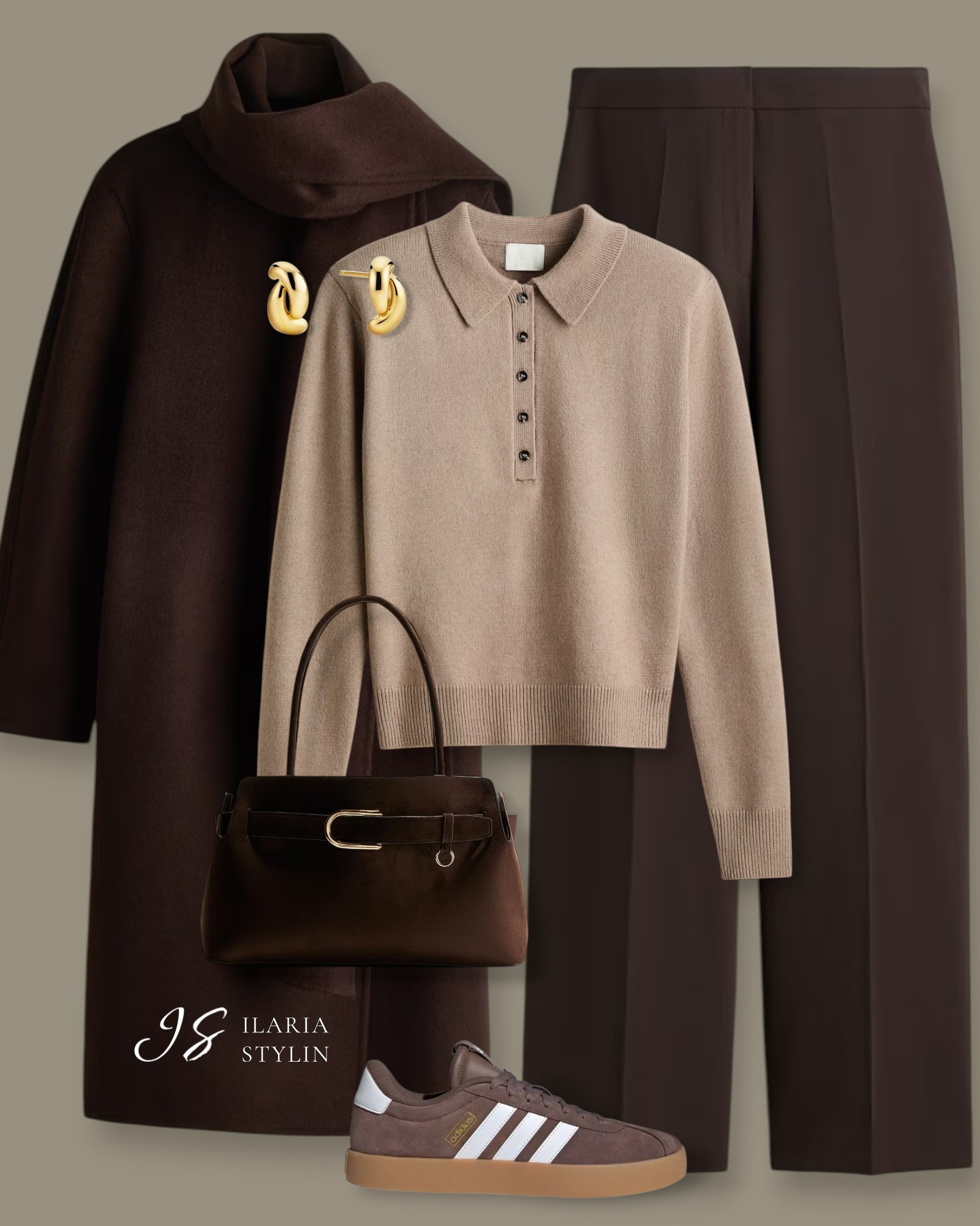 A tonal brown look featuring tailored trousers, a soft knit polo, and a structured coat — finised with gold accents and suede sneakers for effortless everyday elegance. 🤎✨


outfit ideas, brown coat, wool-blend coat, scarf coat, polo sweater, taupe sweater, brown pants, dress pants, wide leg pants,  brown sneakers, suede sneakers, adidas vl court, brown bag, suede bag, casual outfit, casual chic outfit

#LTKootd #LTKSeasonal #LTKWorkwear