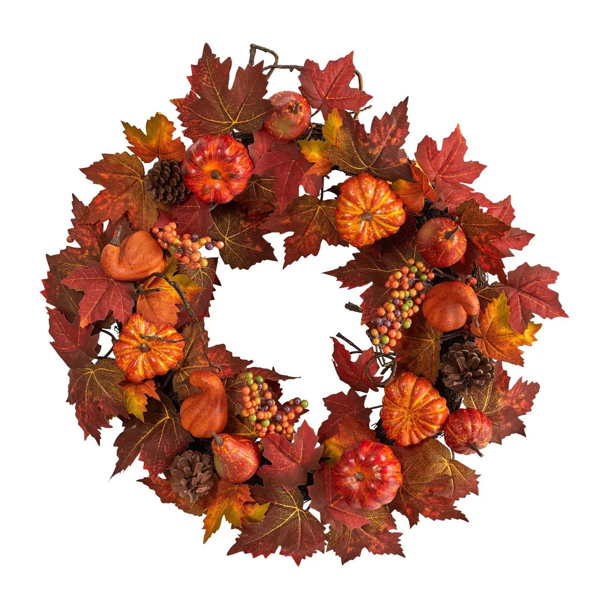 Nearly Natural 24” Autumn Maple Leaves, Pumpkin, Pinecone and Berries Artificial Fall Wreath | Target