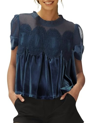 Gozoloma Women's Velvet Lace Blouse Casual Round Neck Short Sleeve Flared Swing Top Elegant Loose Intricate Back Design(MediumBlue-L) | Amazon (US)