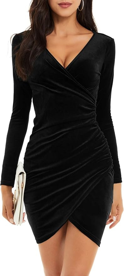 GUBERRY Womens Wrap V Neck Long Sleeve Velvet Bodycon Ruched Cocktail Party Dress | Amazon (US)