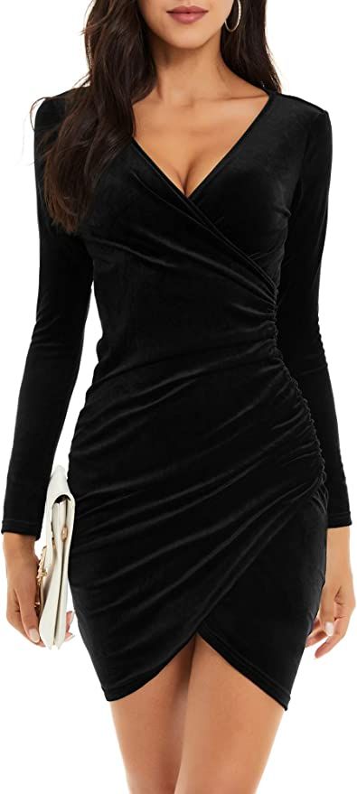 Amazon.com: GUBERRY Emerald Green Velvet Wrap V Neck Night Out Dress New Years Eve Dresses for Wo... | Amazon (US)