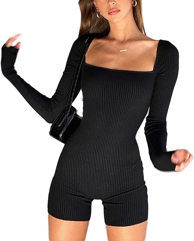 Muineobuka Ribbed Knit Bodycon Short Jumpsuit Long Sleeve Square Collar Sport Biker Short Rompers | Amazon (US)