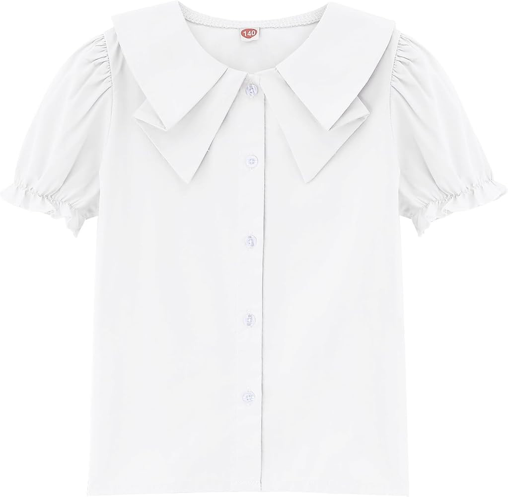 Girls Short Sleeve Peter Pan Blouse Puff Sleeve Button Down Shirt School Uniform Blouse 3-12 Year... | Amazon (US)