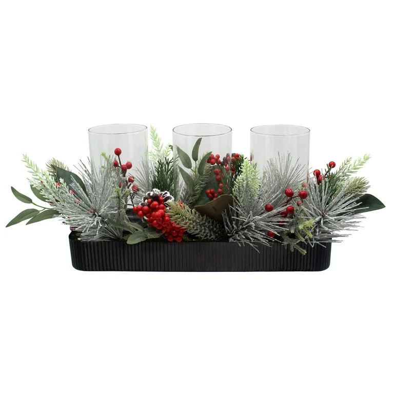 Mainstays 7.5" Decorative Artificial Christmas Glass Hurricane Candleholder with Black Ribbed Bas... | Walmart (US)