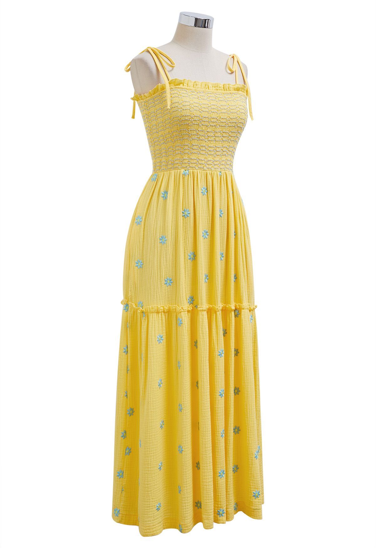 Floret Embroidery Tie-Shoulder Shirred Dress in Yellow | Chicwish