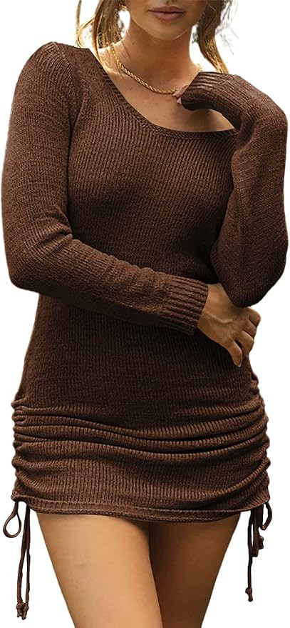 Fessceruna Women’s Long Sleeve Bodycon Sweater Dress V Neck Ruched Side Drawstring Knit Mini Dr... | Amazon (US)