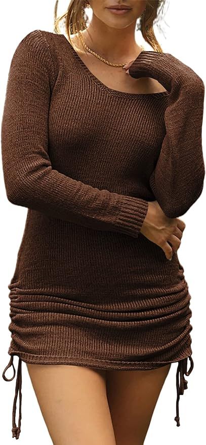 Fessceruna Women’s Long Sleeve Bodycon Sweater Dress V Neck Ruched Side Drawstring Knit Mini Dr... | Amazon (US)