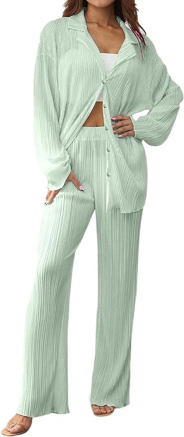 VIUTIL Women's Pleated Pants Set Long Sleeve Button Down Shirt Wide Leg Pants 2 Piece Outfits Str... | Amazon (US)