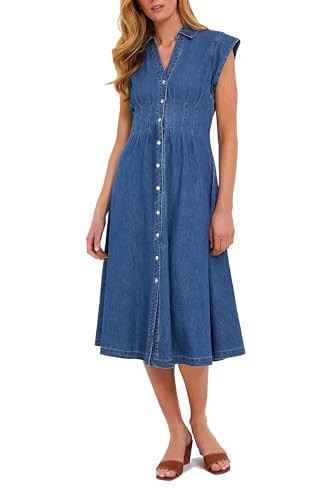 Ladyful Women's Denim Shirt Dress Collar V Neck Cap Sleeve Jean Dress Button Down A-Line Midi Dress Deep Blue | Amazon (US)