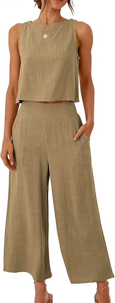 ANRABESS Women's Summer 2 Piece Outfits Sleeveless Tank Crop Button Back Top Cropped Wide Leg Pants  | Amazon (US)