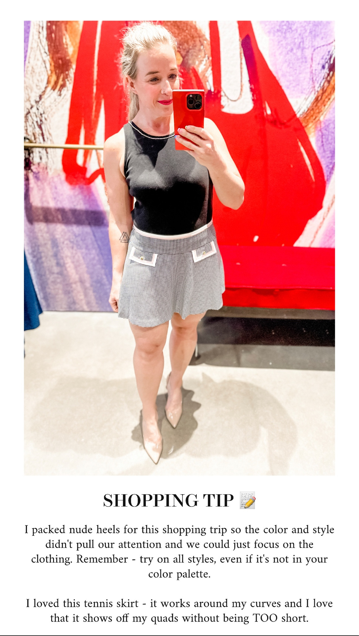 Black embellished top (I have a short torso so it was tucked in on me, but on someone with a longer torso, this will be cropped) paired with a black and white plaid skirt. The trim on the skirt is a great pink color!

House of Colour Winter
#hocwinter 
ALICE + OLIVIA TRY-ON
Business casual

#LTKstyletip #LTKFind #LTKworkwear