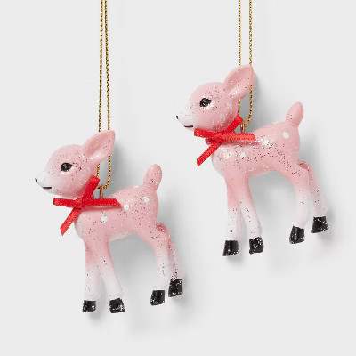 2ct Retro Small Deer Christmas Tree Ornament Set Pink - Wondershop™: Glitter Finish, Indoor Use: Glitter Finish, Indoor Use | Target
