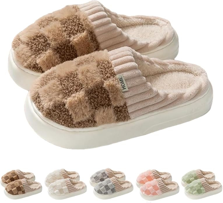 Checkered Slipper House Slippers for Women Men Plush Warm Fuzzy Slippers Flyffy Bedroom Shoes Ind... | Amazon (US)