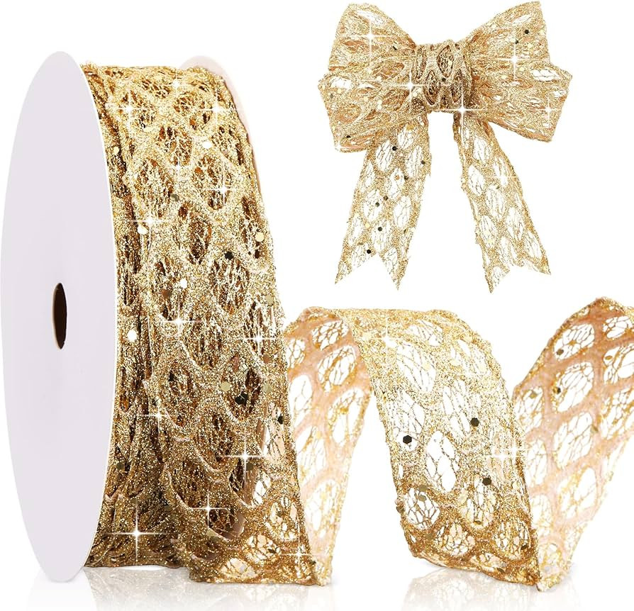 Geosar 20 Yards Gold Glitter Mesh Wired Ribbon for Christmas Tree Decorations, Gift Wrapping, DIY... | Amazon (US)