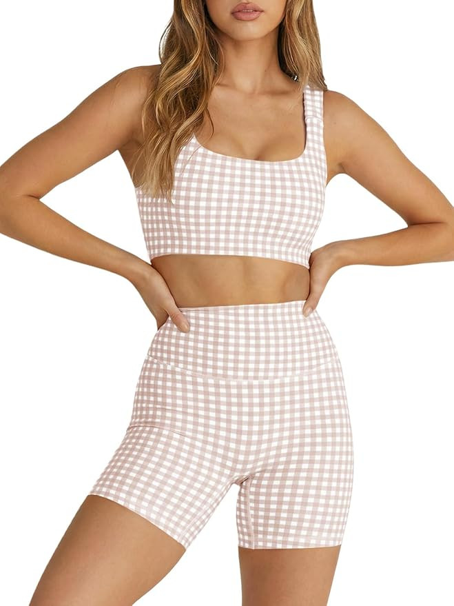 Aoysky Womens Workout Gingham 2 Piece Outfits Padded Open Back Crop Tank High Waist Sports Shorts... | Amazon (US)