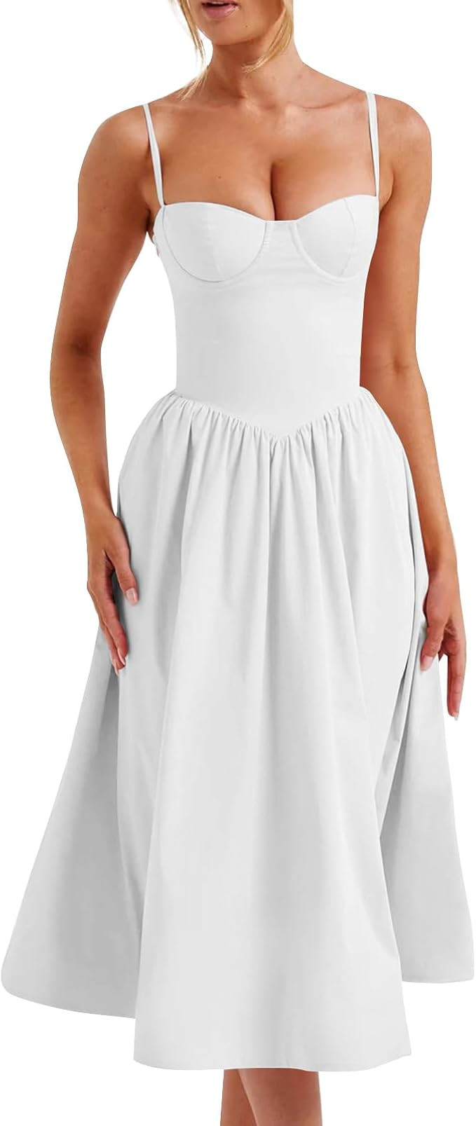 Corset Dress for Women Formal Spaghetti Strap Bustier Midi Dresses Flowy Pleated Hem Corset Sundr... | Amazon (US)