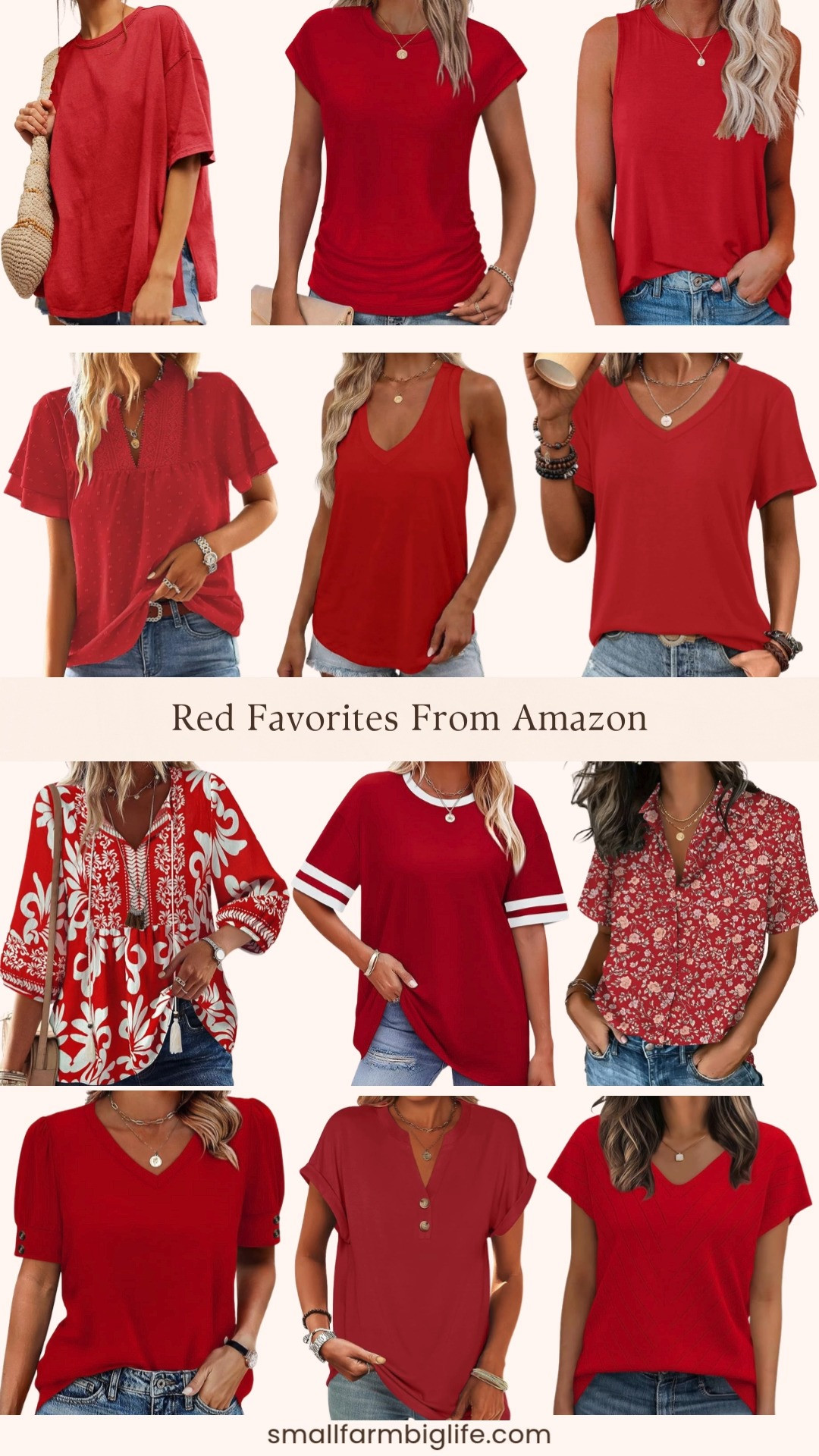 Red tops from Amazon and this color is having such a moment right now 🌿❤️ I rounded up my favorites: a red V neck short sleeve henley top, a red V neck short sleeve sweater, a red floral short sleeve button down shirt, a red and white patterned boho babydoll 3/4 sleeve top, a red V neck short sleeve top, a red and white loose fit short sleeve tee, a red butterfly sleeve V neck blouse, a red ruched cap sleeve tshirt, a red V neck short sleeve tee, a red deep V neck loose fit tank top, a red oversized tshirt, and a red crewneck flowy loose fit tank top. So many different styles and silhouettes in this round up and every single one is from Amazon at such an amazing price point. Red is such a bold and beautiful color for spring and summer and these tops are so easy to style with white pants, denim, or any of your favorite two piece sets. Everything is linked! 🛒❤️ 

 #LTKgrwm #LTKootd #LTKOver40
