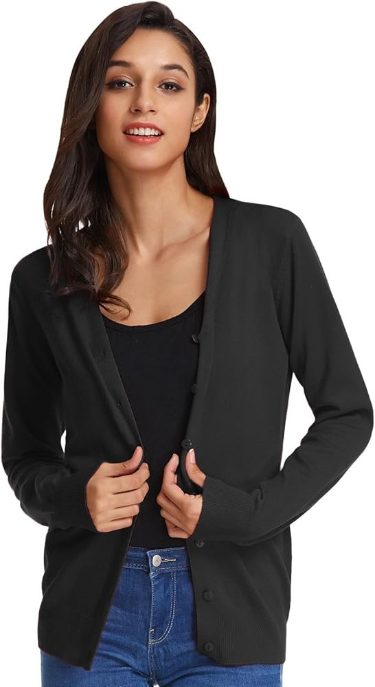 GRACE KARIN Women's Long Sleeve Button Down Sweater Classic V-Neck Knit Cardigan - Black - Small | Amazon (UK)