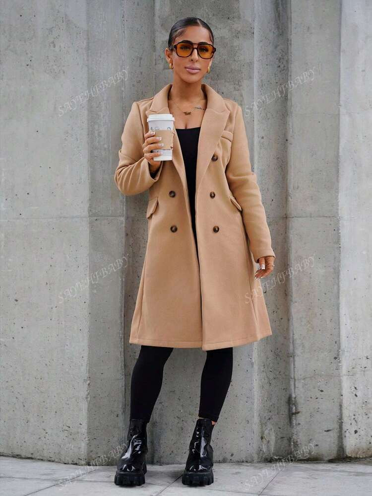SAYEHFBABY Women's Double-Breasted Lapel Collar Woolen Coat Fall Winter Cloth For Women | SHEIN