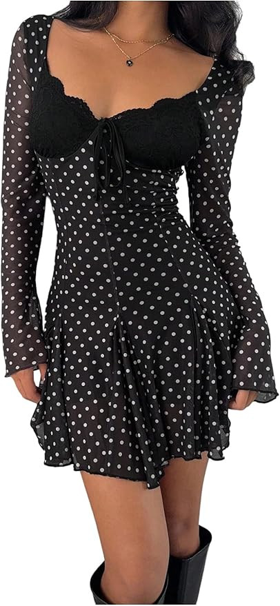 Verdusa Women's Rave Polka Dots Lace Tie Knot Mini Dress Mesh Flare Sleeve Flowy Dresses Party Ou... | Amazon (US)