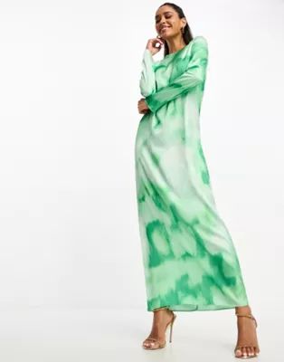 ASOS DESIGN satin column maxi dress in green marble print | ASOS (Global)