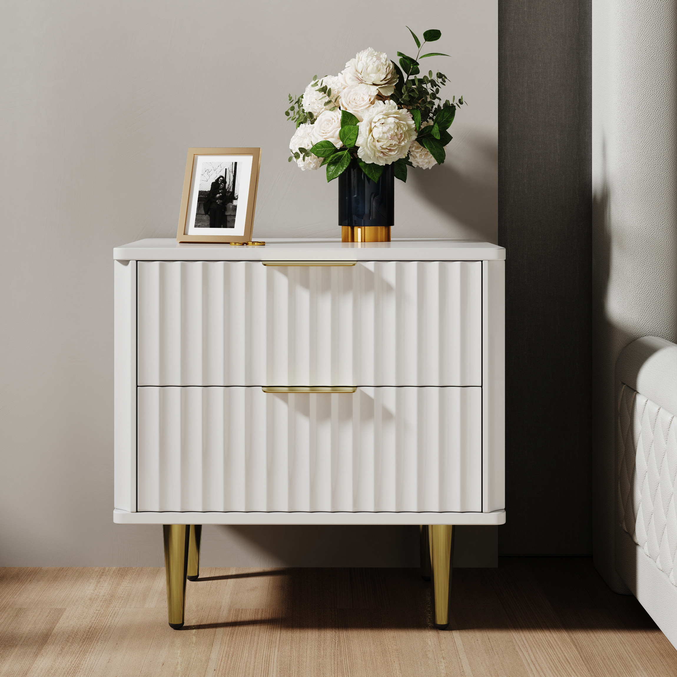 Modern White Nightstand with 2 Drawers Bedside Table with Gold Legs Set of 2 | Homary