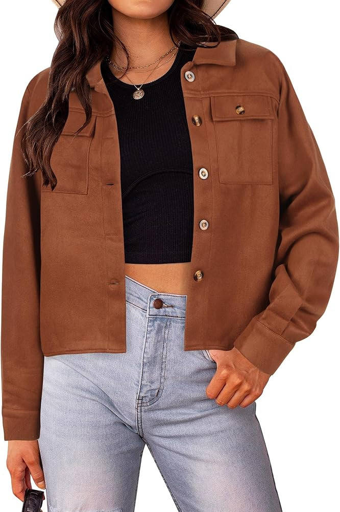 HOTOUCH Women Fashion Cropped Shacket Button Down Trendy Shacket Jackets Casual Long Sleeve Crop ... | Amazon (US)