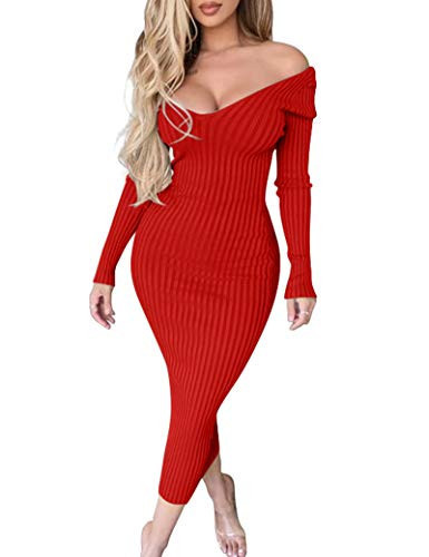 BEAGIMEG Women's Sexy Long Sleeve Off Shoulder Knit Bodycon Long Dress Red | Amazon (US)