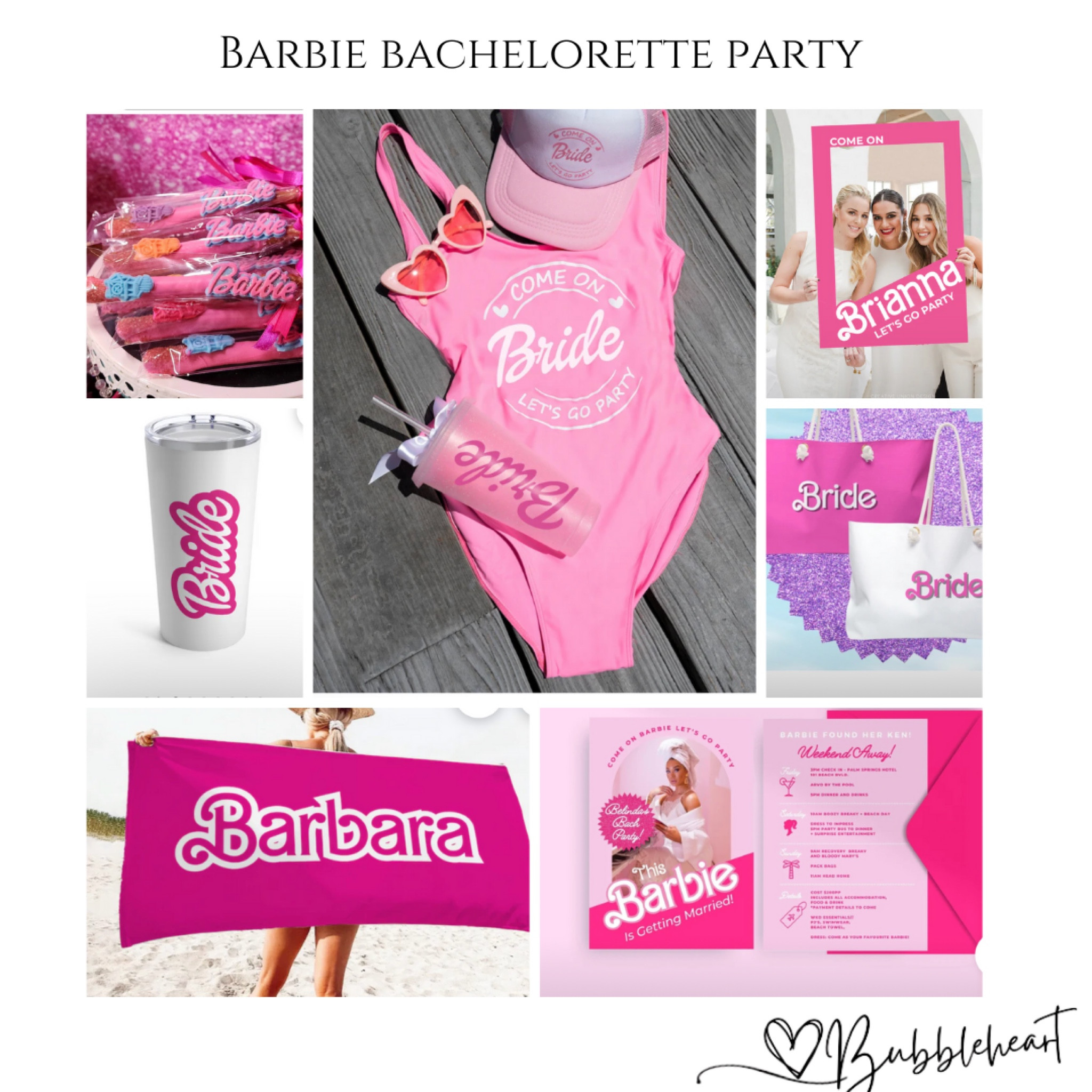 Barbie Theme Bachelorette Party

Bride, bridesmaids, bridal party, bachelorette party theme, pink party, come on Bride let’s go party, Barbie found her Ken, Barbie swimsuit, Barbie towel, Barbie bag, Barbie tumbler, Barbie dessert, Barbie invitation