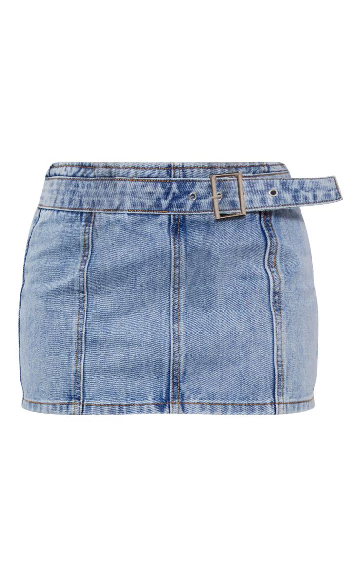 Petite Light Blue Wash Denim Buckle Detail Mini Skirt | PrettyLittleThing US
