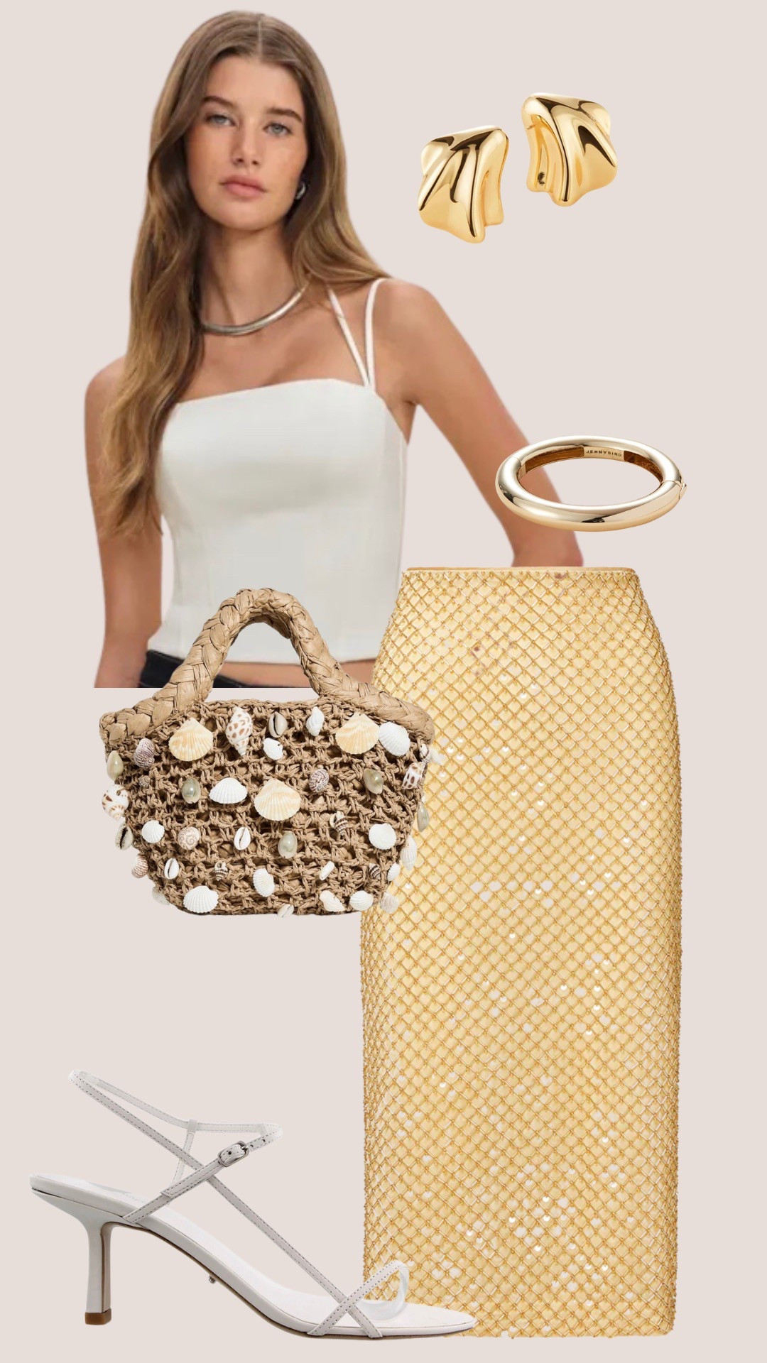 When beach day turns into golden hour cocktails.
This look is all about textures—woven, mesh, metallic. Styled with a seashell bag and minimal white heels for an effortless, elevated coastal vibe.

Shop the look:
Structured top, gold mesh skirt, shell tote, white sandals, gold accessories.

#CoastalChic #LTKSummerStyle #BeachToBarLook #NeutralOutfitInspo #VacationWardrobe #GoldenHourGlow #PersonalStylistEdit #LuxuryStyling #ElevatedResortWear #EffortlessStyle